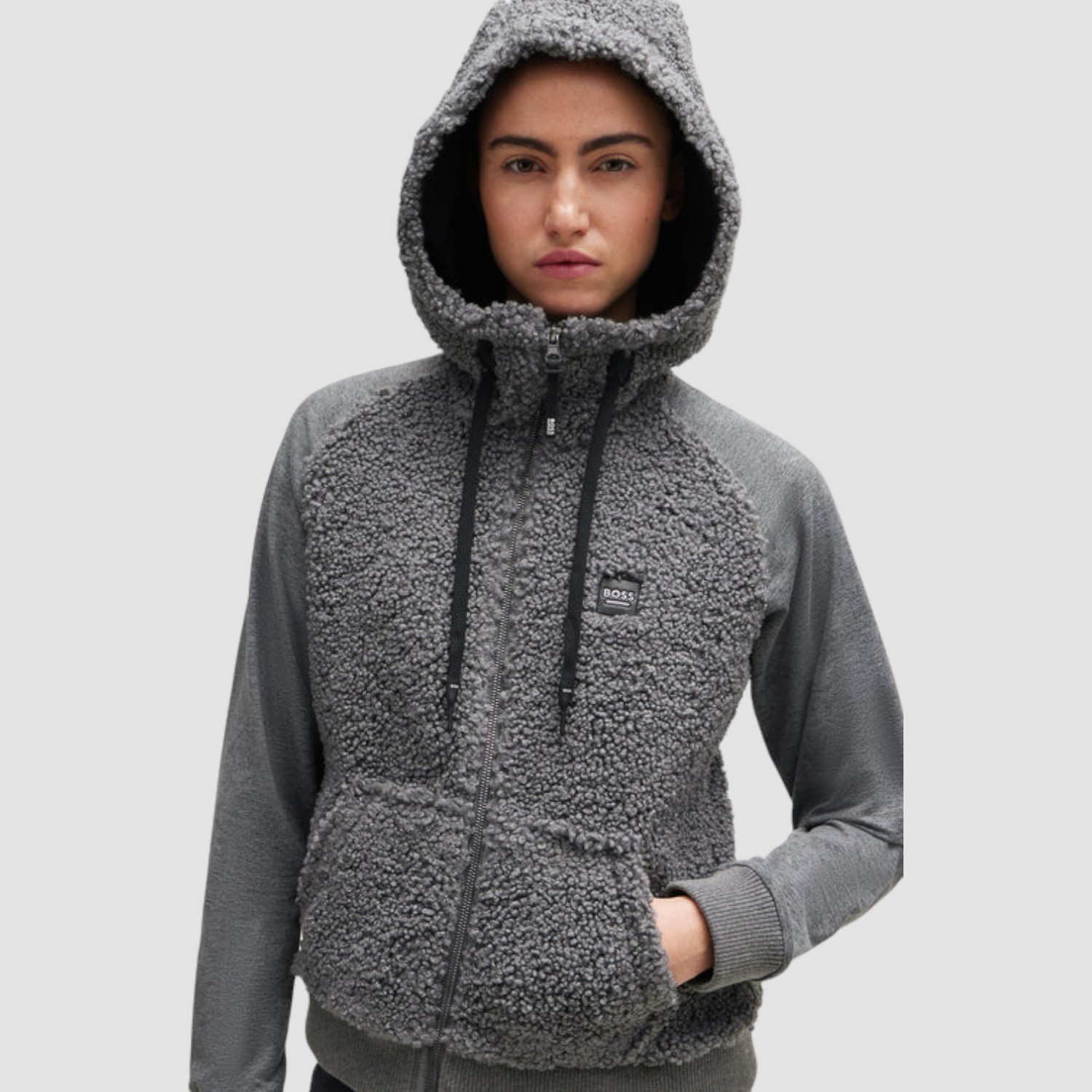 BOSS Equestrian Riva Teddy Hybrid Zip Hoodie Grey