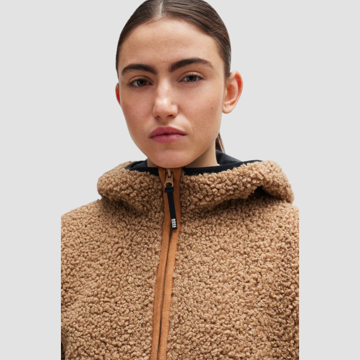 BOSS Equestrian Lucy Hybrid Teddy Puffer Jacke Camel